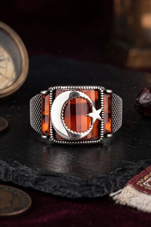 Ay Yıldızlı - Ay Yıldız Kırmızı Zirkon Taşlı Baget Kesim 925 Ayar Gümüş Yüzük 903019