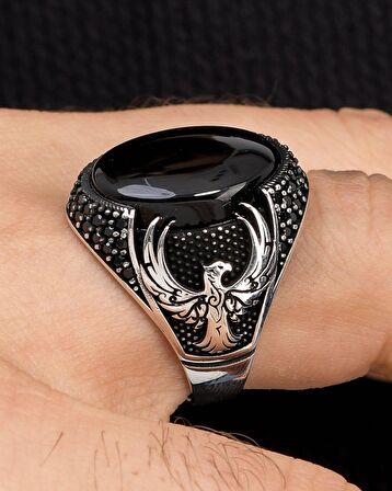 925 Ayar Gümüş Erkek Yüzüğü Oniks Taşlı Anka kuşu Figürlü