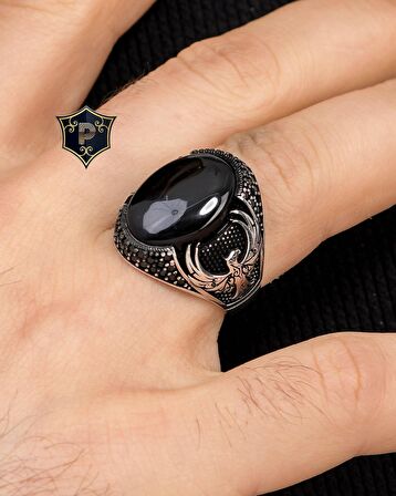 925 Ayar Gümüş Erkek Yüzüğü Oniks Taşlı Anka kuşu Figürlü