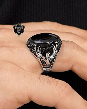 925 Ayar Gümüş Erkek Yüzüğü Oniks Taşlı Anka kuşu Figürlü