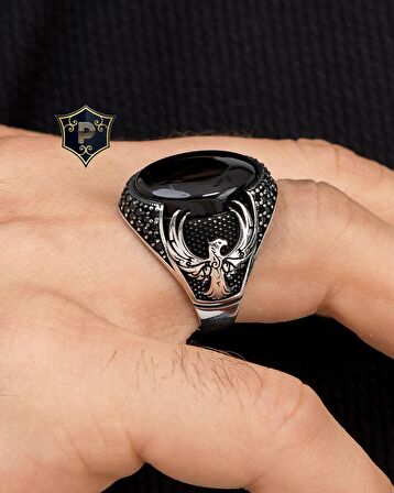 925 Ayar Gümüş Erkek Yüzüğü Oniks Taşlı Anka kuşu Figürlü