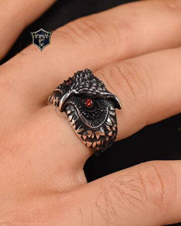 925 Ayar Gümüş Yüzük Baykuş Figürlü Kırmızı Zirkon