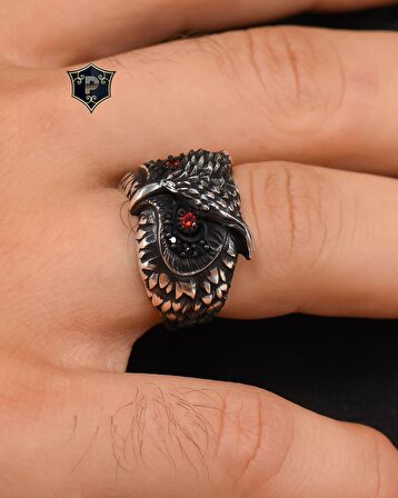 925 Ayar Gümüş Yüzük Baykuş Figürlü Kırmızı Zirkon