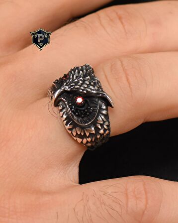 925 Ayar Gümüş Yüzük Baykuş Figürlü Kırmızı Zirkon