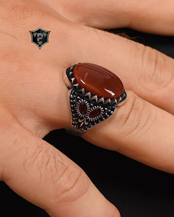 925 Ayar Gümüş Erkek Yüzüğü Akik Taşlı Zirkon Taş Süslemeli