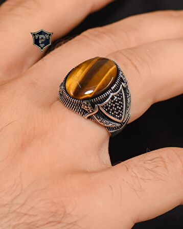 925 Ayar Gümüş Erkek Yüzüğü Kaplangözü Taşlı Kılıç Kalkan Figürlü