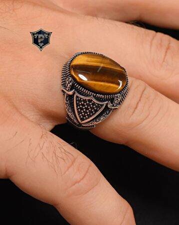 925 Ayar Gümüş Erkek Yüzüğü Kaplangözü Taşlı Kılıç Kalkan Figürlü