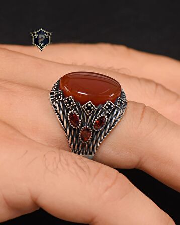 925 Ayar Gümüş Erkek Yüzüğü Akik Taşlı Zirkon Taş Süslemeli