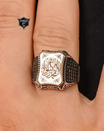 (La İlahe İllallah Muhammeden Resulullah ) Yazlı 925 Ayar Gümüş Erkek Yüzüğü Kelime-İ Tevhid 