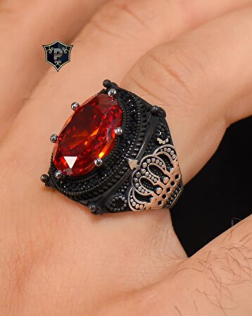 925 Ayar Gümüş Erkek Yüzüğü Zirkon Kırmızı Taşlı Kral Taç Figürlü