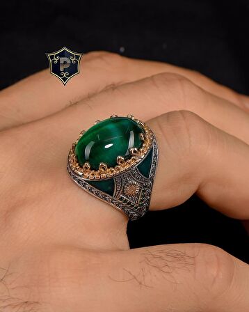 925 Ayar Gümüş Erkek Yüzüğü Yeşil Kaplangözü Taşlı