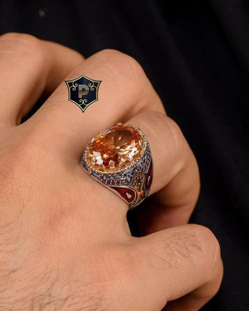 925 Ayar Gümüş Erkek Yüzüğü Şampanya Topaz Taşlı Zirkon Taş Süslemeli