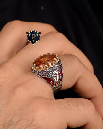 925 Ayar Gümüş Erkek Yüzüğü Şampanya Topaz Taşlı Zirkon Taş Süslemeli
