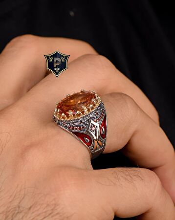 925 Ayar Gümüş Erkek Yüzüğü Şampanya Topaz Taşlı Zirkon Taş Süslemeli