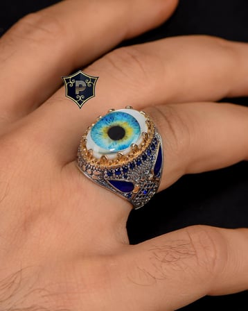 925 Ayar Gümüş Erkek Yüzüğü Sedef Taşlı Göz Motifili