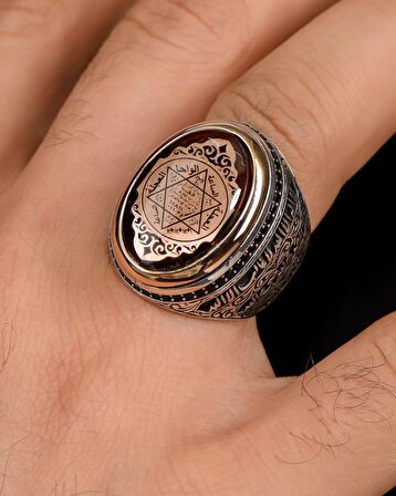 Hz. Süleyman Mührü Sıkma Kehribar Taşlı 925 Ayar Gümüş Erkek Yüzüğü