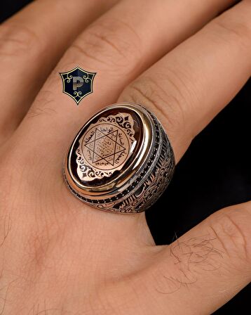 Hz. Süleyman Mührü Sıkma Kehribar Taşlı 925 Ayar Gümüş Erkek Yüzüğü