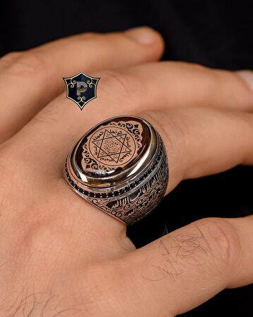 Hz. Süleyman Mührü Sıkma Kehribar Taşlı 925 Ayar Gümüş Erkek Yüzüğü