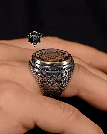 Hz. Süleyman Mührü Sıkma Kehribar Taşlı 925 Ayar Gümüş Erkek Yüzüğü