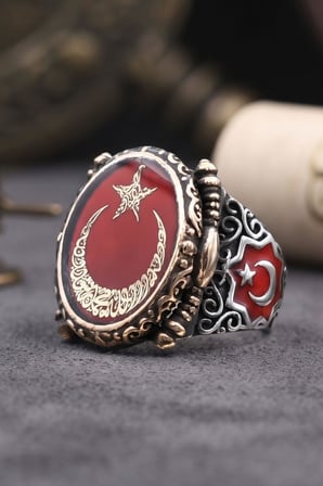Ay Yıldız - Ay Yıldızlı - Kelime-i Tevhid Yazlı 925 Ayar Gümüş Yüzük Mineli 903057
