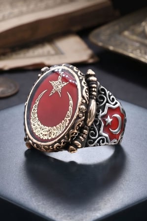 Ay Yıldız - Ay Yıldızlı - Kelime-i Tevhid Yazlı 925 Ayar Gümüş Yüzük Mineli 903057