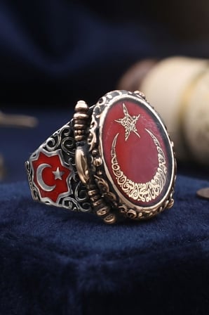 Ay Yıldız - Ay Yıldızlı - Kelime-i Tevhid Yazlı 925 Ayar Gümüş Yüzük Mineli 903057