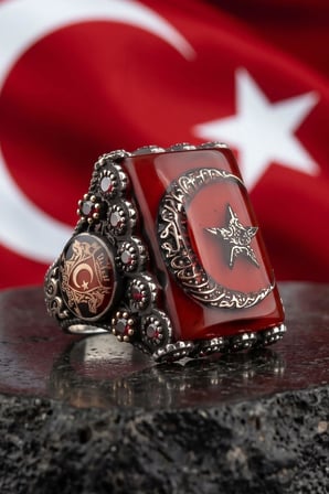 Özel Tasarım Ay Yıldızlı ve Kurt Figürlü ve Kelime-i Tevhid Yazlı 925 Ayar Gümüş Yüzük 903087