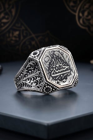 Hasbiyallah Yazılı (ALLAH BANA YETER) 925 Ayar Gümüş Yüzük Mineli 903091