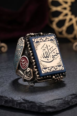 Özel Tasarım Hasbiyallah ve Kelime-i Tevhid ve Allah ve Muhammed Yazılı 925 Gümüş Yüzük 903094