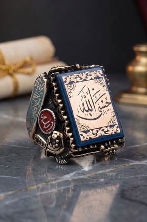 Özel Tasarım Hasbiyallah ve Kelime-i Tevhid ve Allah ve Muhammed Yazılı 925 Gümüş Yüzük 903094