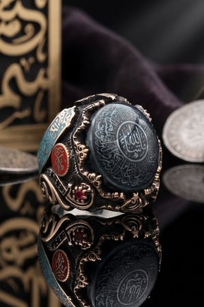 Özel Tasarım Nazar Duası ve Kelime-i Tevhid ve Allah ve Muhammed Yazılı 925 Ayar Gümüş Yüzük 903095