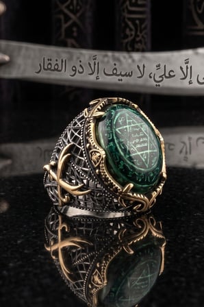Hz. Ali'nin Kılıcı Zülfikar ve Hz. Süleyman Mührü Sıkma Kehribar Taşlı 925 Ayar Gümüş Erkek Yüzüğü 903096