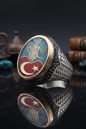Ay Yıldızlı - Osmanlı Tuğralı - Kelime-i Tevhid Yazlı 925 Ayar Gümüş Yüzük 903104