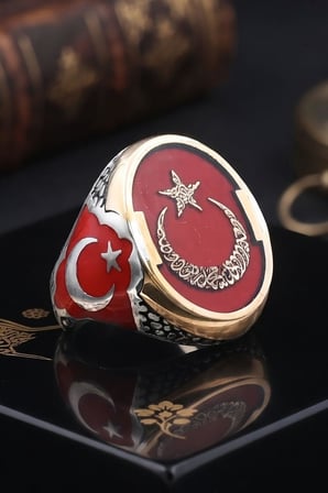 Ay Yıldızlı Kelime-i Tevhid Yazlı 925 Ayar Gümüş Erkek Yüzük Mineli 903118