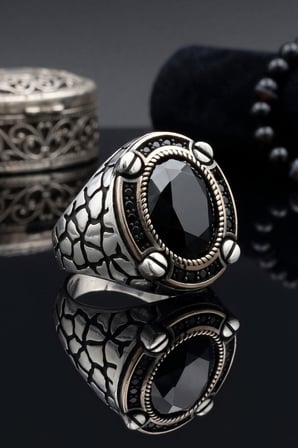 Siyah Zirkon Taşlı Oval Tasarım 925 Ayar Gümüş Erkek Yüzük 903121