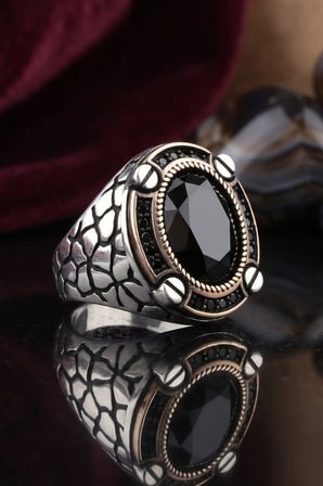 Siyah Zirkon Taşlı Oval Tasarım 925 Ayar Gümüş Erkek Yüzük 903121