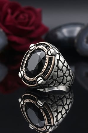 Siyah Zirkon Taşlı Oval Tasarım 925 Ayar Gümüş Erkek Yüzük 903121
