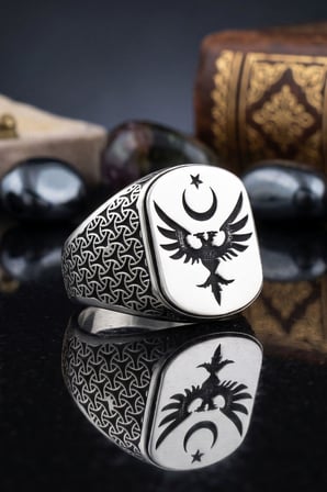 Anka Kuşu - Ay Yıldızlı Figürlü 925 Ayar Gümüş Yüzük 903123
