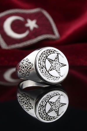 Bismillah ve Kelime-i Tevhid Yazlı Ay Yıldızlı 925 Ayar Gümüş Yüzük 903126