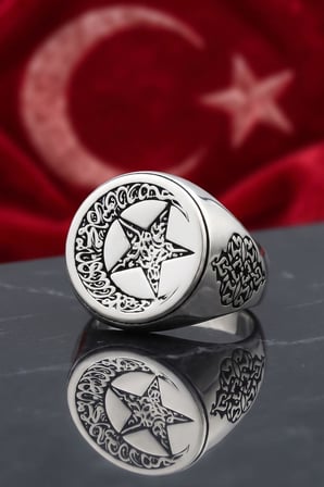 Bismillah ve Kelime-i Tevhid Yazlı Ay Yıldızlı 925 Ayar Gümüş Yüzük 903126