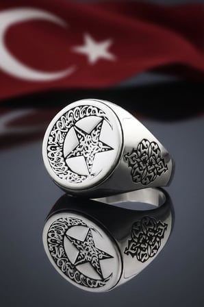 Bismillah ve Kelime-i Tevhid Yazlı Ay Yıldızlı 925 Ayar Gümüş Yüzük 903126