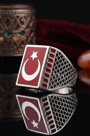 Ay Yıldızlı Mineli 925 Ayar Gümüş Yüzük 903127