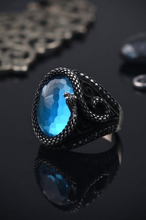 Yılan Figürlü Aquamarine - AQUA MARİN Taşlı 925 Ayar Gümüş Yüzük 903154
