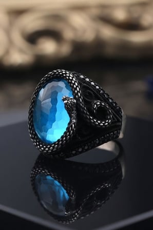 Yılan Figürlü Aquamarine - AQUA MARİN Taşlı 925 Ayar Gümüş Yüzük 903154