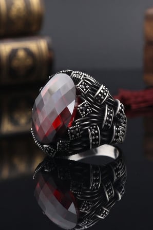 Kırmızı Zirkon Taşlı Zirkon Taş Süslemeli 925 Ayar Gümüş Yüzük 903167