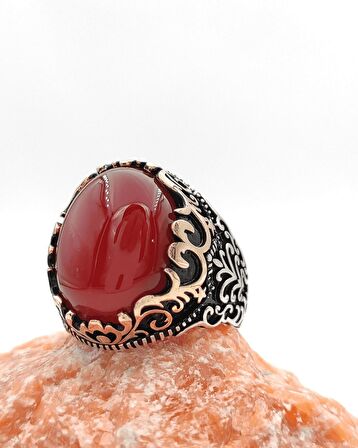 Gümüş Erkek Yüzük Akik Taşlı
