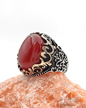 Gümüş Erkek Yüzük Akik Taşlı
