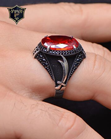 Gümüş Erkek Yüzük Kırmızı Zirkon Taşlı Zülfikar Figürlü