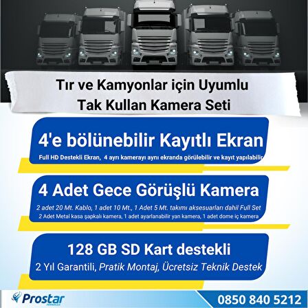 Tır ve Kamyonlar için 4 kameralı Kayıtlı 7 inç Ekranlı Kamera Seti