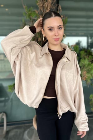 Prifaldi ZR Oversize BEJ Süet Bomber Ceket